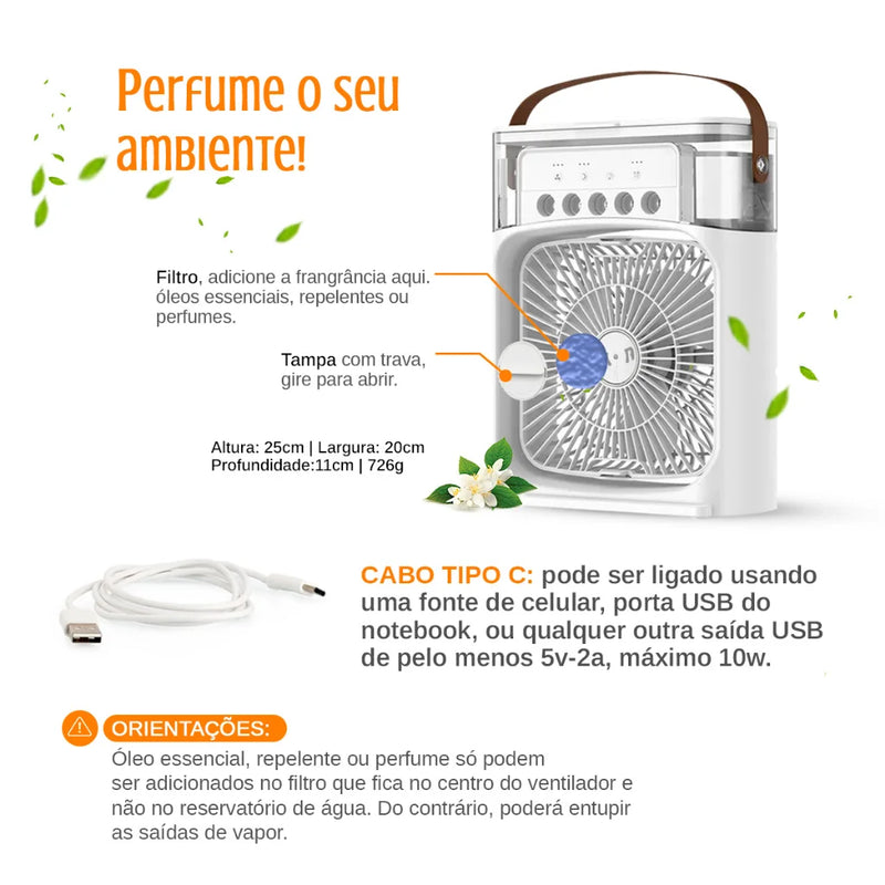 Mini Climatizador Umidificador Ventilador Portátil USB Led Quarto Sala Escritório Mesa Reservatório 600ml com Alça