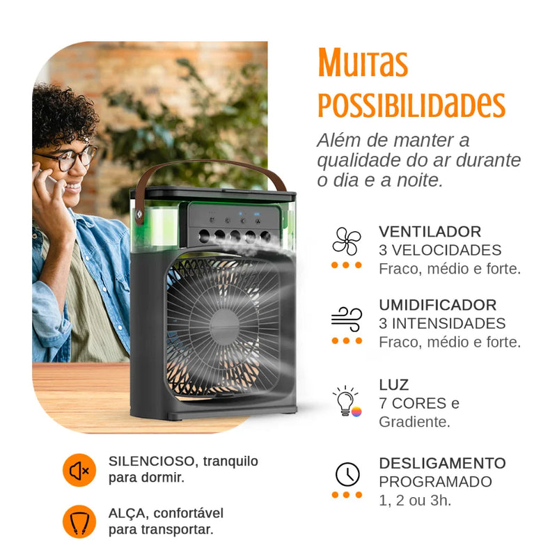 Mini Climatizador Umidificador Ventilador Portátil USB Led Quarto Sala Escritório Mesa Reservatório 600ml com Alça