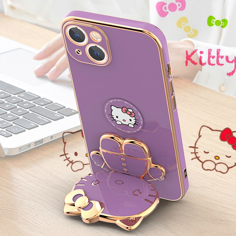 Capa iPhone Hello Kitty Luxo Estilo Adorável com Espelho e Suporte LANÇAMENTO 2023